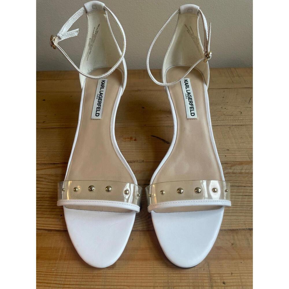 Karl Lagerfeld Dixie Studded Kitten Heel Sandals – White & Clear (Size 10)